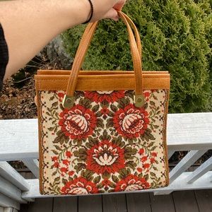 Vintage 60s tapestry needlepoint rug carpet bag purse